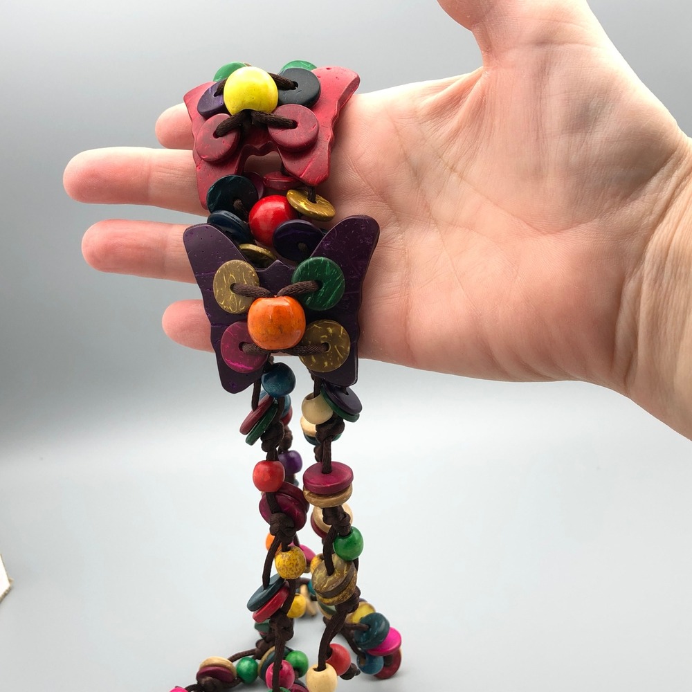 Vintage Multicolor Butterfly Tassel Necklace 30" Coconut Bead Boho Layering Cord - Picture 6 of 10
